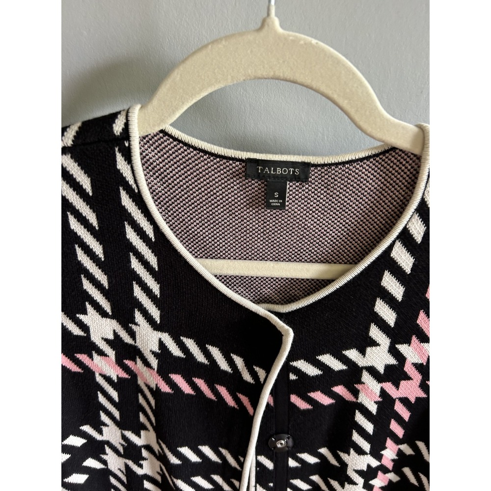Talbots Womens Black Pink Plaid Longline Cardigan Sweater Button Front Small - Picture 2 of 4